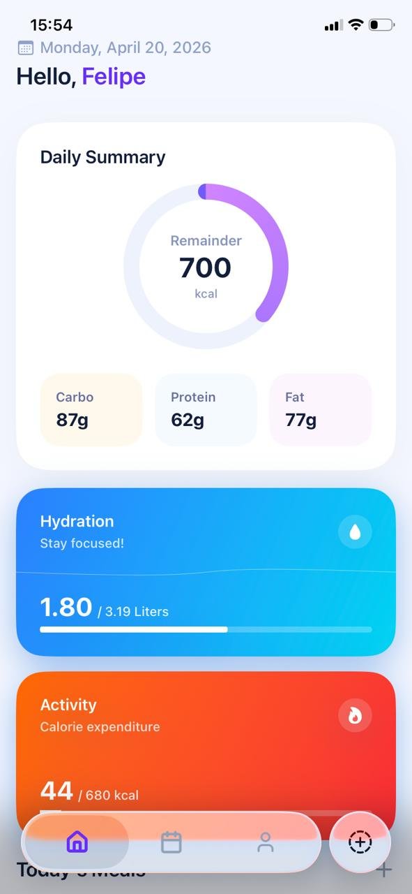 KcalzCounter home screen showing daily calorie remainder, macros, hydration and activity